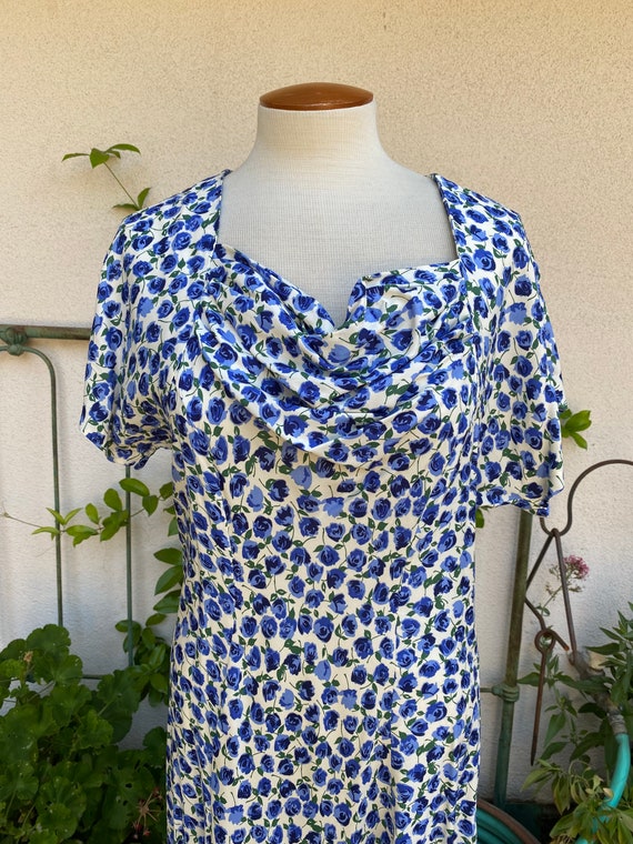Vintage Blue Floral Maxi Dress // Draped Cowl Nec… - image 1