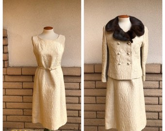 Vintage 60s White Brocade Sheath Dress with Mink Fur Collared Jacket 3 Piece Set Medium