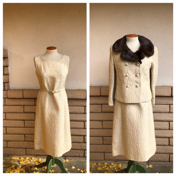 Vintage 60s White Brocade Sheath Dress with Mink … - image 1