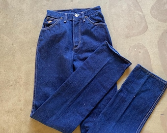 Vintage Wrangler Junior Fit Jeans Dark Denim Copper Contrast Stitch Waist 24 24x34 Junior Size 5