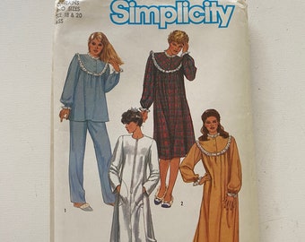 Size 18, 20 Misses Pullover Nightgown Pajamas Robe Pattern Simplicity 6626 Uncut Contains Both Sizes