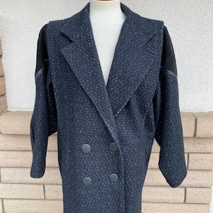 80s 90s Fleck Wool Coat // Black Wool + Suede Double Breasted Overcoat // Oversize Long Jacket by David Benjamin Uruguay Women M-L
