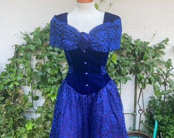 80s Sapphire Velour Lace Mini Dress Vintage 1980 Formal Crinoline Party Prom Dress by Steppin Out Size Small