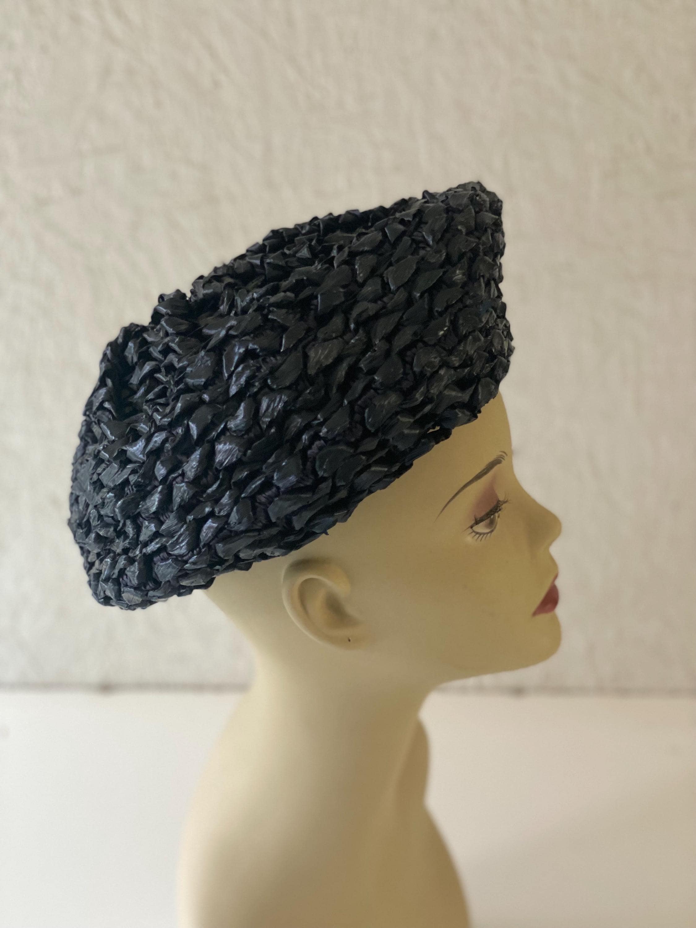 Vintage 50s Sally Victor Navy Blue Rafia Beret Hat Boutique 