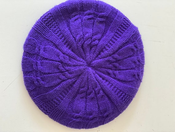 70s Purple Beret Tam Hat Cable Knit Design Men Wo… - image 4