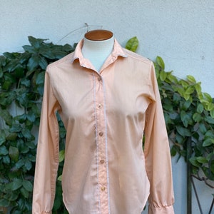 Vintage 70s Peach Blouse with Crochet Trim Button Up Top Long Sleeve Styled by Terry Chicago Size XS