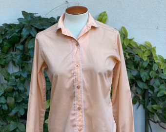 Vintage 70s Peach Blouse with Crochet Trim Button Up Top Long Sleeve Styled by Terry Chicago Size XS