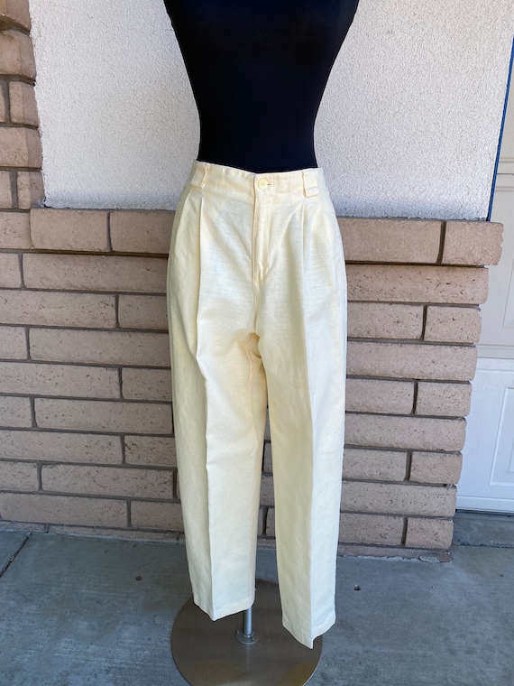 Vintage 90s Pale Yellow Linen Trousers Pleated Ta… - image 1