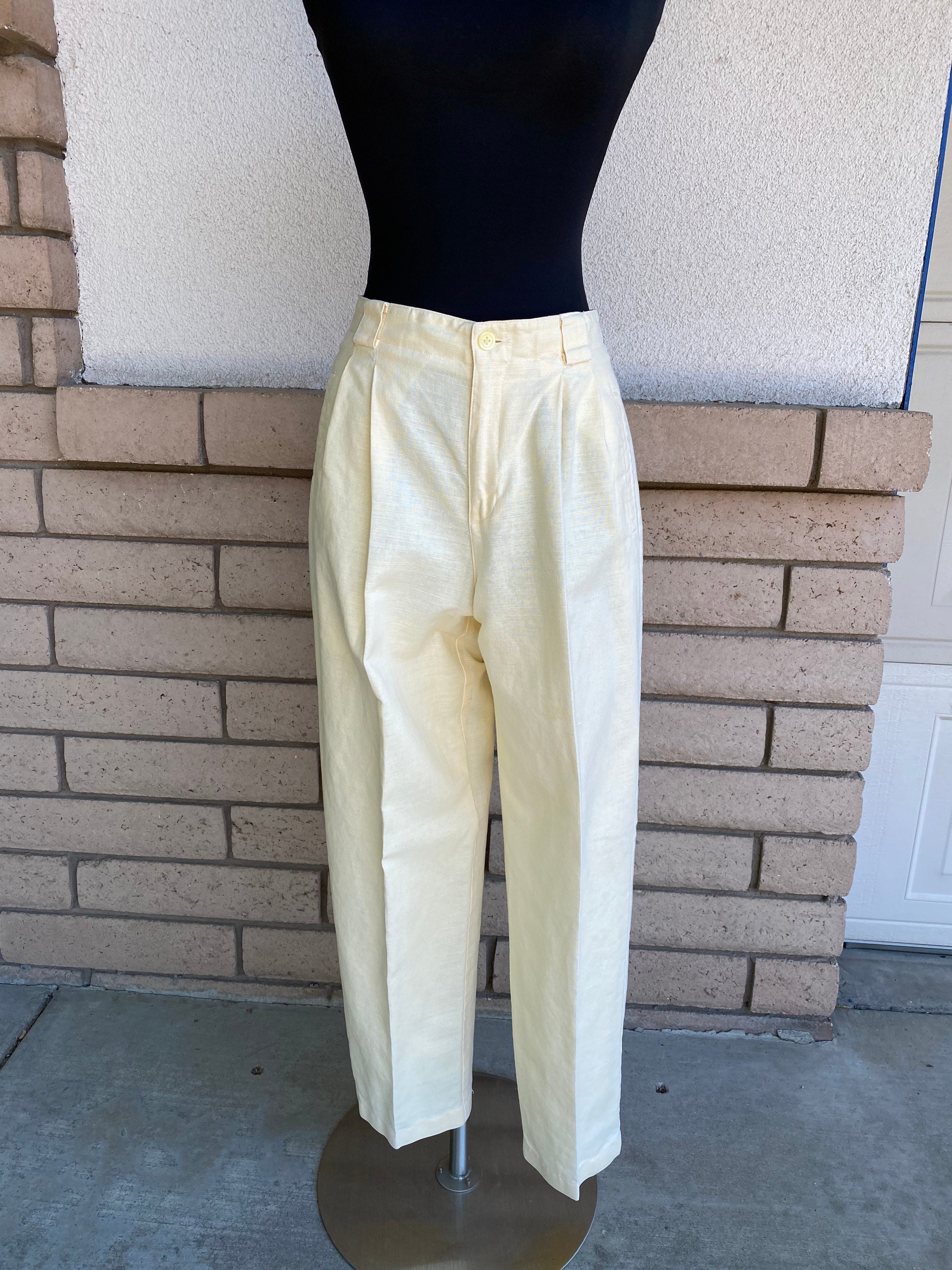 Vintage 90s Pale Yellow Linen Trousers Pleated Tapered High Vintage 90s Pale Yellow Linen Trousers Pleated Tapered High