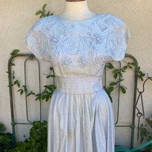 90s Baby Blue Soutache Midi Dress Cummerbund Waist Gathered Full Skirt Shoulder Pads Button Back by Allegra Waist 26 Size Small