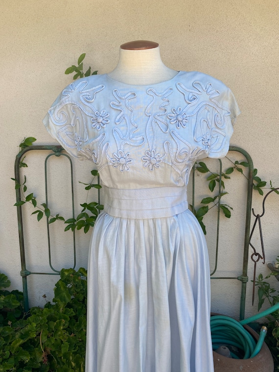 90s Baby Blue Soutache Midi Dress Cummerbund Waist Gathered Full Skirt  Shoulder Pads Button Back by Allegra Waist 26 Size Small - Etsy
