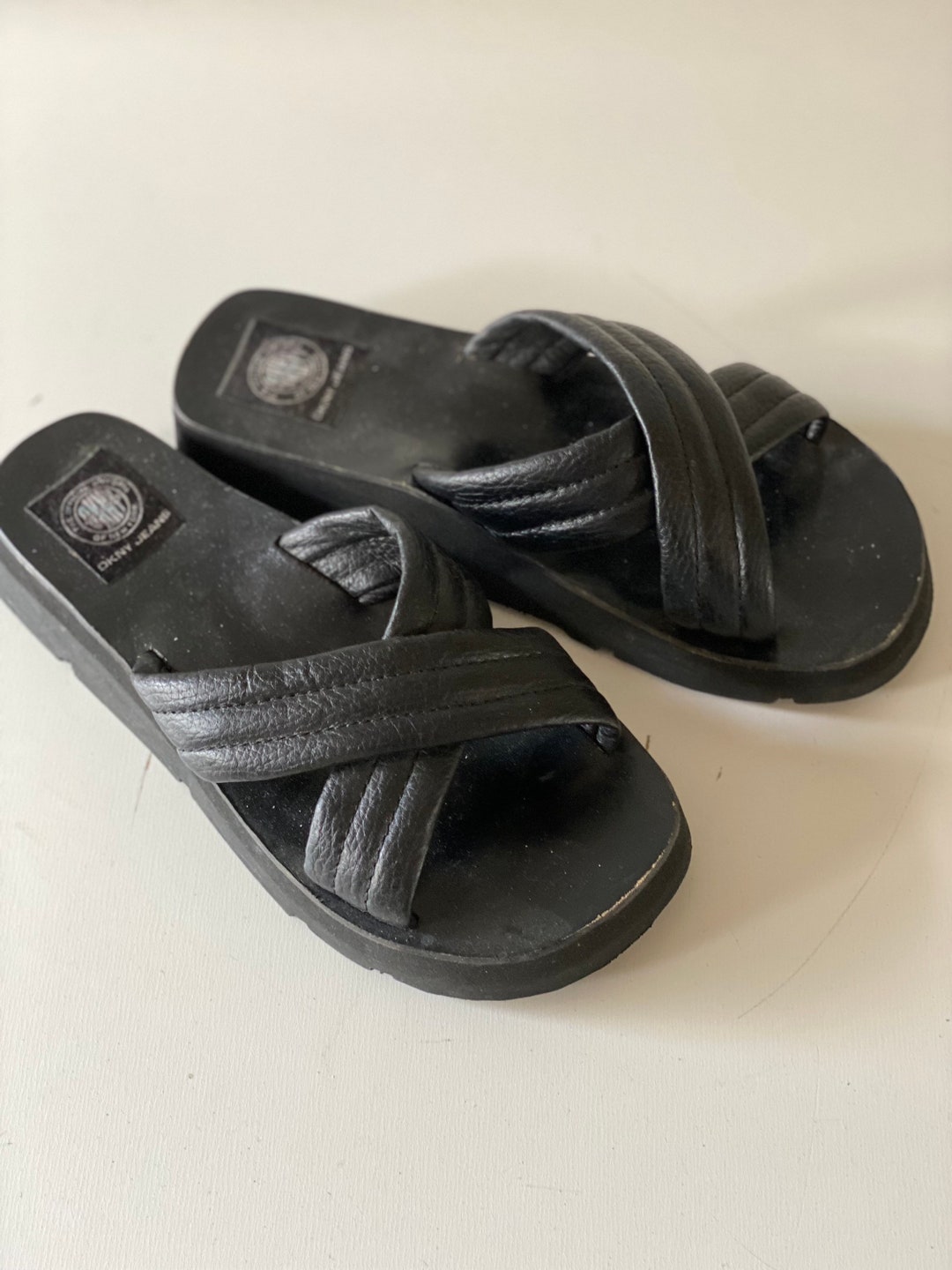 90s DKNY Jeans Criss Cross Slide Leather Sandals Black Chunky