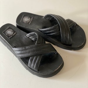 90s DKNY Jeans Criss Cross Slide Leather Sandals Black Chunky Wedge Platform Sandals Official Uniform of New York Made in Spain Size 8