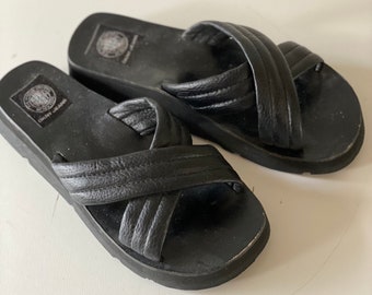 90s DKNY Jeans Criss Cross Slide Leather Sandals Black Chunky Wedge Platform Sandals Official Uniform of New York Made in Spain Size 8