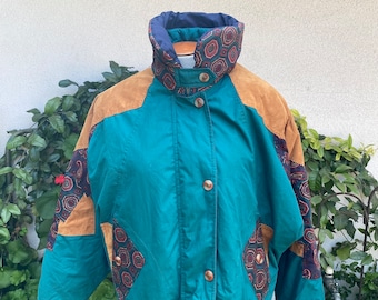 Vintage 90s Color Block Jacket with Zip Outer Liner Green Paisley Faux Suede London Fog Thinsulate Size Medium