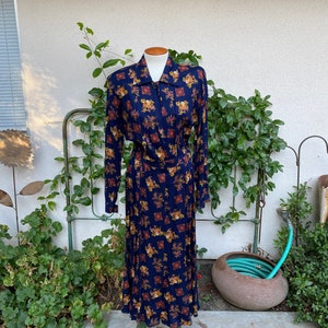 Vintage Liz Claiborne Floral Shirt Dress Rayon Navy Blue High
