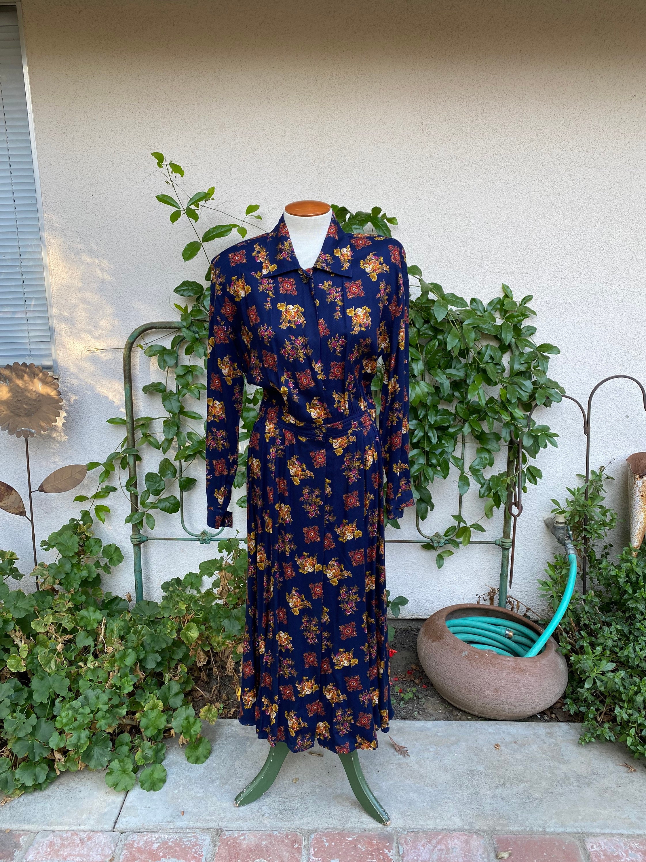Vintage Liz Claiborne Floral Shirt Dress Rayon Navy Blue High