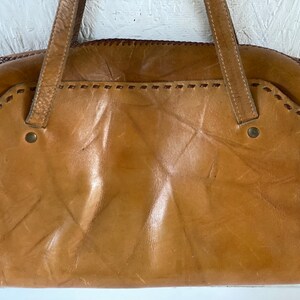 1960s Leather Purse Mottled Brown Top Handle Bag Boho Handbag Multiple Pockets