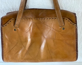 1960s Leather Purse Mottled Brown Top Handle Bag Boho Handbag Multiple Pockets