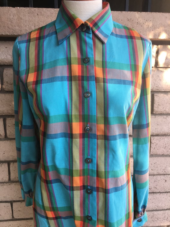 60s 70s Plaid Dress Turquoise Orange Checked Butt… - image 4