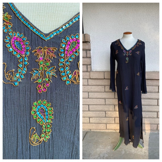 Vintage Black Gauze Phool Dress with Beading Loung