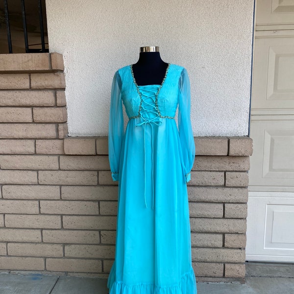 Vintage 60s 70s Boho Corset Maxi Dress Turquoise Chiffon Empire Waist Ruched Party Dress 1960s 1970s Prom Dress Size XS