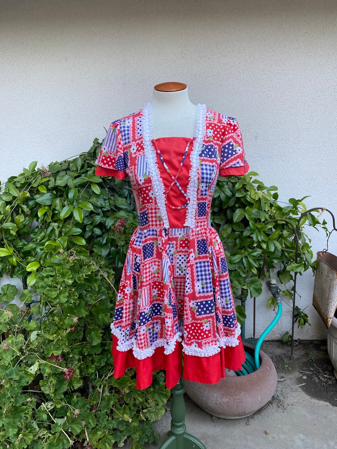 Vintage 70s Floral Patchwork Mini Dress Country Square Dancing