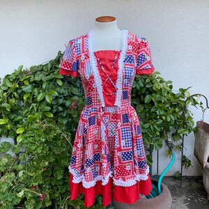 Vintage 70s Floral Patchwork Mini Dress Country Square Dancing Dress Red White Blue Small
