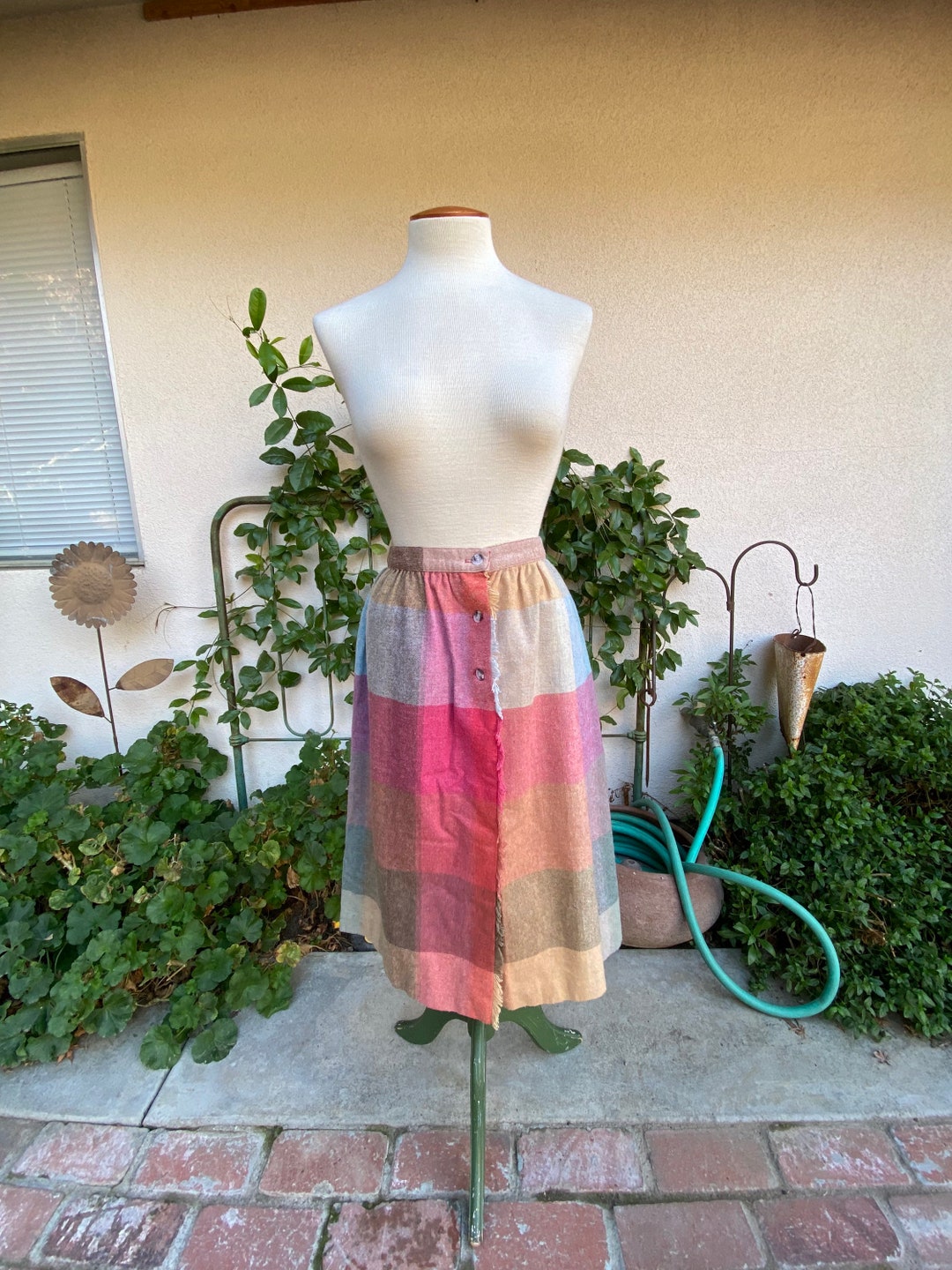 Vintage 70s/80s Grey & Blue Plaid STONYBROOK Wool Midi Skirt