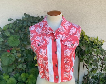 Vintage 90s Coral Floral Crop Top Cotton Summer Button Up Cropped Collared Shirt Size Medium