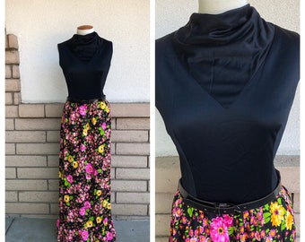 Vintage 70s Floral Maxi Dress Black Pink Yellow Cowl Neck Hippie Boho Full Length Dress Julie Miller Waist 28 Small
