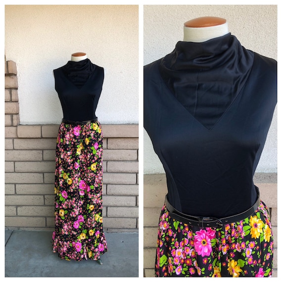 Vintage 70s Floral Maxi Dress Black Pink Yellow C… - image 1