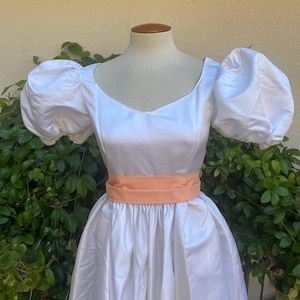 80s Puff Sleeve Satin Dress Mid Length White Peach Belted Fit and Flare 1980 Bridesmaid Dress Size Small Waist 26