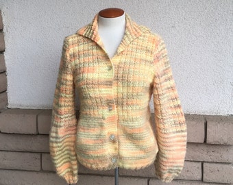 Vintage 70s Autumn Hand Knit Cardigan Sweater Small Medium