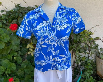 Vintage Cotton Hawaiian Shirt Blue White Hibiscus Floral Tiki Top Aloha Button Up Shirt Size XS-S