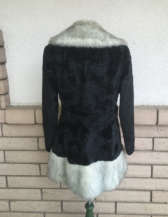 Vintage 60s 70s Faux Fur Coat Black + Gray Vegan … - image 4