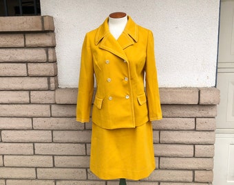 Vintage 60s Mustard Mod Skirt Suit Butte Knit Double Breasted Blazer + Flared Skirt Waist 24