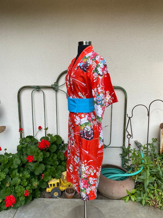 Vintage Red Floral Cotton Japanese Kimono // Full… - image 4