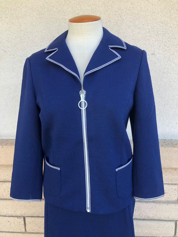 60s Navy Blue Wool Skirt Suit Zip Front Top Flare… - image 2