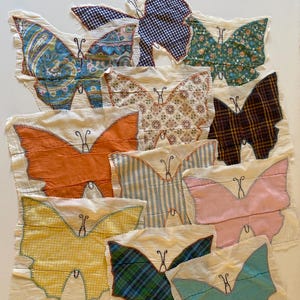 Vintage 50s 60s 11 Butterfly Quilt Pieces Hand Stitched Multicolor 9.5&quot; Large Butterfly Feedsack Pieces