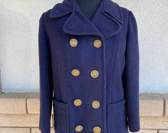 Vintage Navy Peacoat // Faux Fur Lined // Fleck Navy Blue Double Breasted Coat Jacket // Princess Seams Size XS-S
