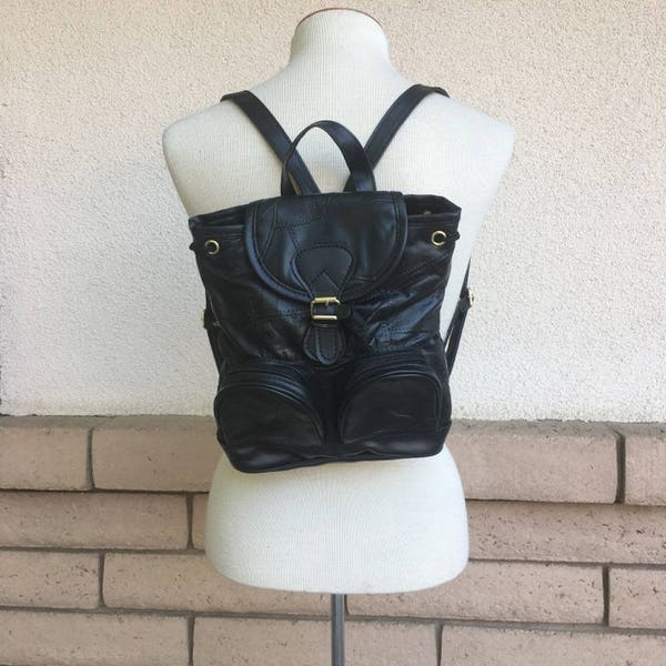 Vintage Black Leather Backpack Patchwork Genuine Leather Mint Condition