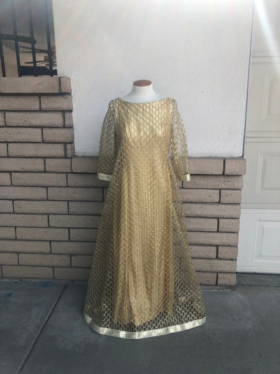 Vintage 50s Gold Tulle Evening Gown Aline Gold Me… - image 3