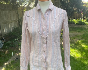 Vintage Plaid Western Top: Pink Gray Pearl Snap Blouse by Tem Tex Size XS
