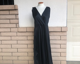 70s Wide Leg Jumpsuit Black Loungewear Large Palazzo Pants Cattani Drape Sleeveless NIghtgown One Piece Size 16 36/38