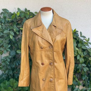 Vintage 70s Caramel Leather Fitted Jacket Double Breasted 1970s Hippie Leather Coat Women Size Small