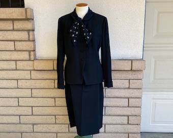 Vintage 50s Black Wool Skirt Suit Blazer Jacket and Midi Pencil Skirt w Embroidered Ascot by Harrods California Size Medium Waist 30