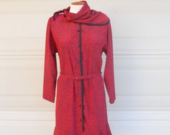 SALE Vintage Red Print Button Up Dropped Waist Dress & Scarf Neck Midi Length by Lahn's Florida LIKE NEW