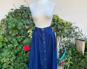 Vintage 90s Dark Denim Button Front Maxi Skirt Gathered Front Full Length Skirt Pockets by Cherokee Waist 27