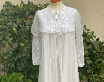 Vintage 70s Peignoir Lace Night Gown Robe Set White Chiffon Leg Of Mutton Sleeves Size Extra Small - Small XS